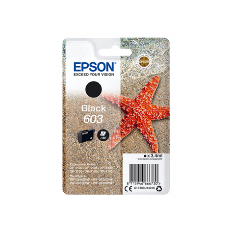 Epson singlepack black 603 ink - original - noir - epson - expression home xp-2100 - xp-2105 - xp-3100 - xp-3105 - xp-4100 - xp-4105 - workforce wf-2850dwf,... - 1 pièce(s) - rendement standard