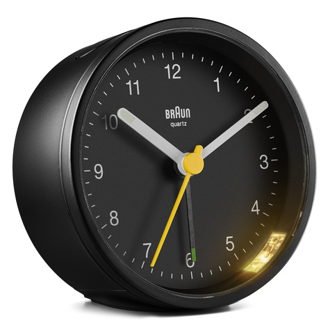 Braun Quartz Alarm Clock Black 7.5x7.5cm - Sveglia Al Quarzo - Rotondo - Nero - Analogico - Giallo - Batteria/Accumulatore